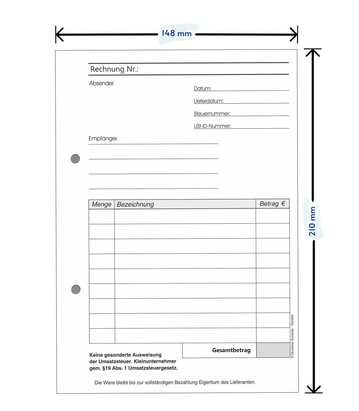 Rechnungsblock Block Rechnung Kleinunternehmer nach § 19 DIN A5, 2-fach selbstdurchschreibend 2x50 Blatt - gelocht (22435)