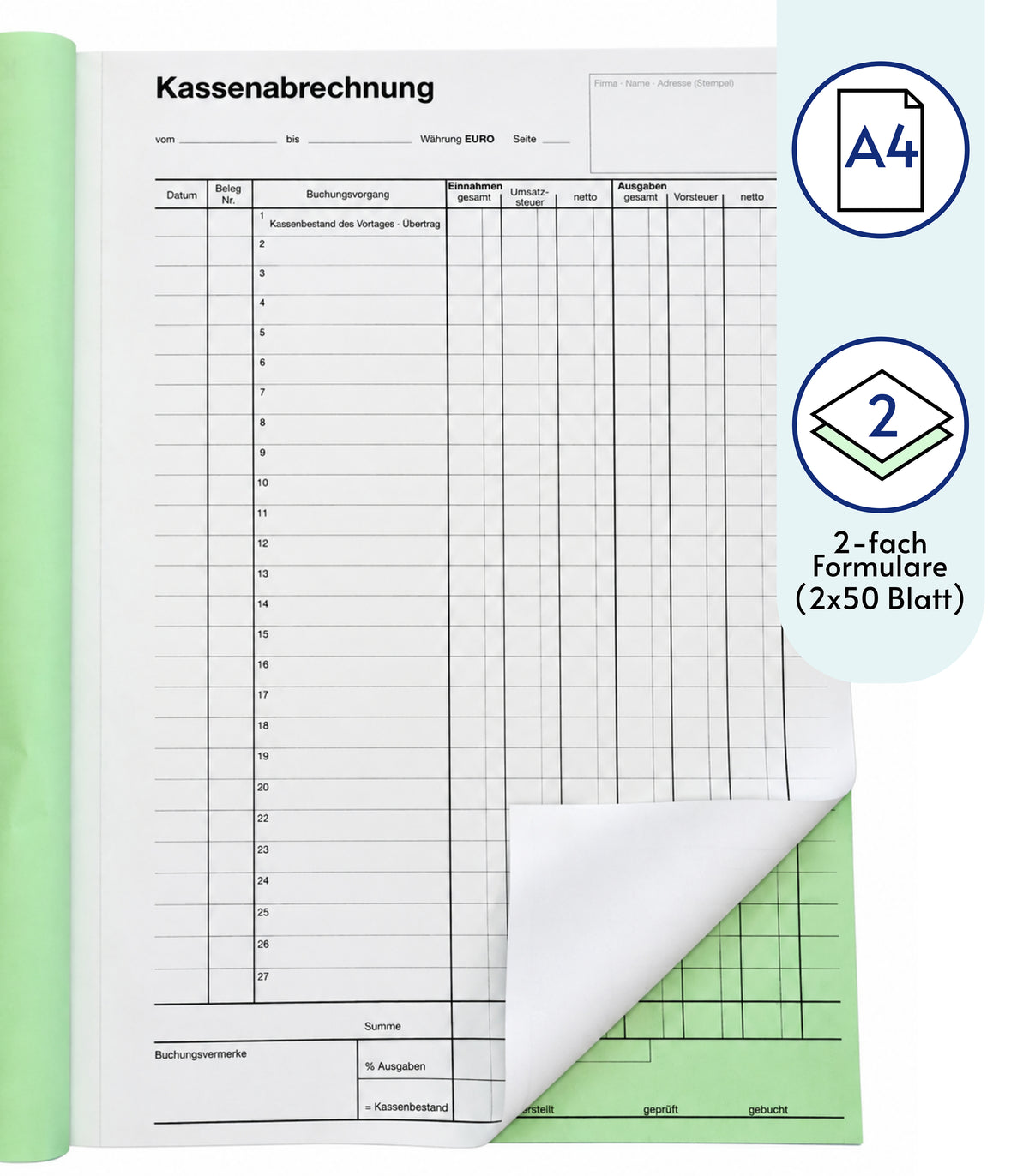 Kassenbuch A4 2x50 Blatt selbstdurchschreibend Kassenabrechnung