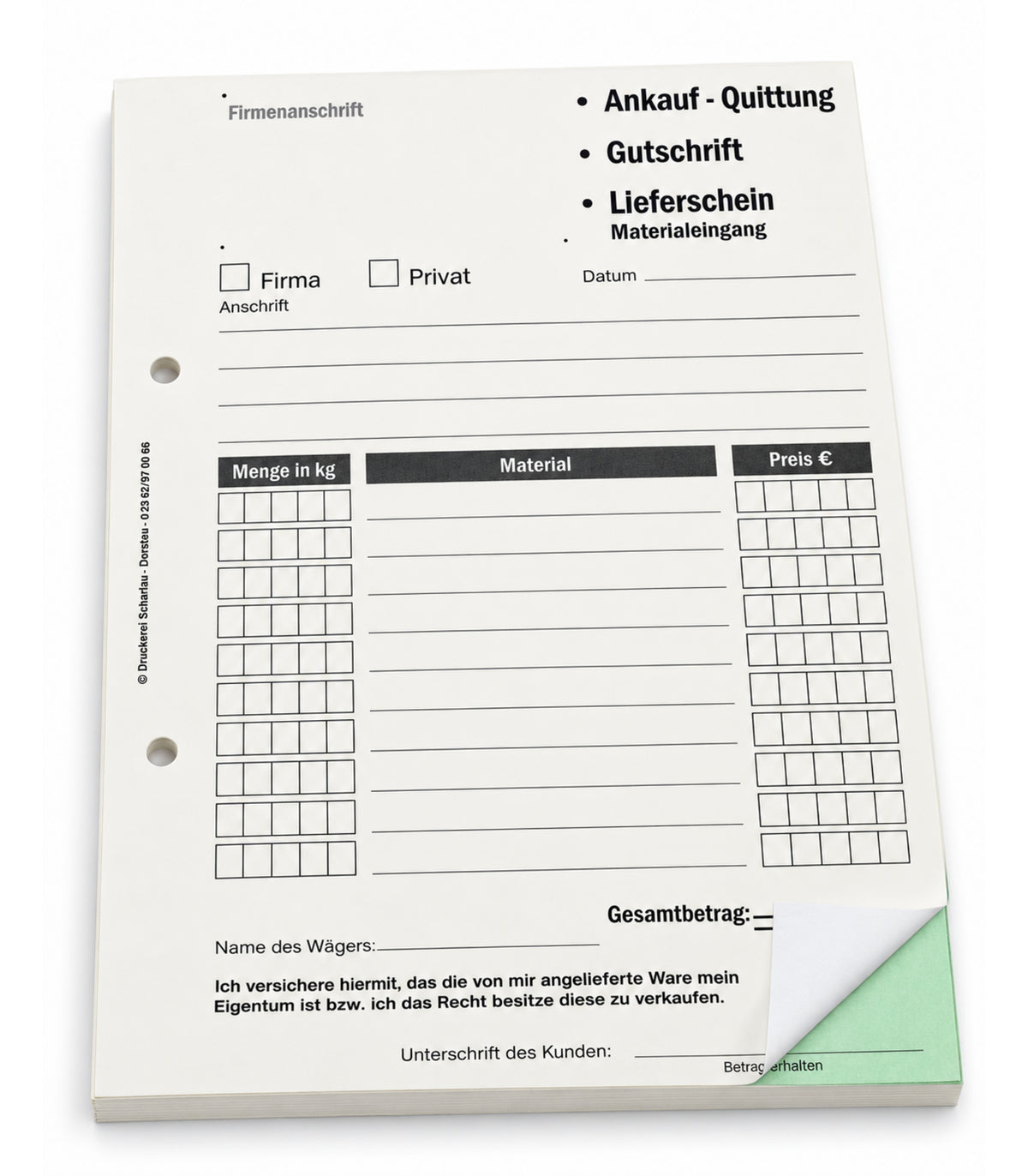 Ankaufquittung - Gutschrift - Materialeingang DIN A5, 2-fach selbstdurchschreibend,2x50 Blatt weiß/grün - gelocht (22608)