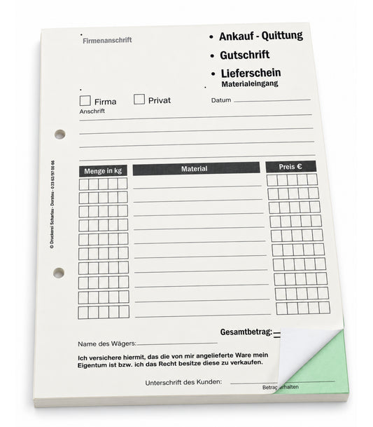 Ankaufquittung - Gutschrift - Materialeingang DIN A5, 2-fach selbstdurchschreibend,2x50 Blatt weiß/grün - gelocht (22608)