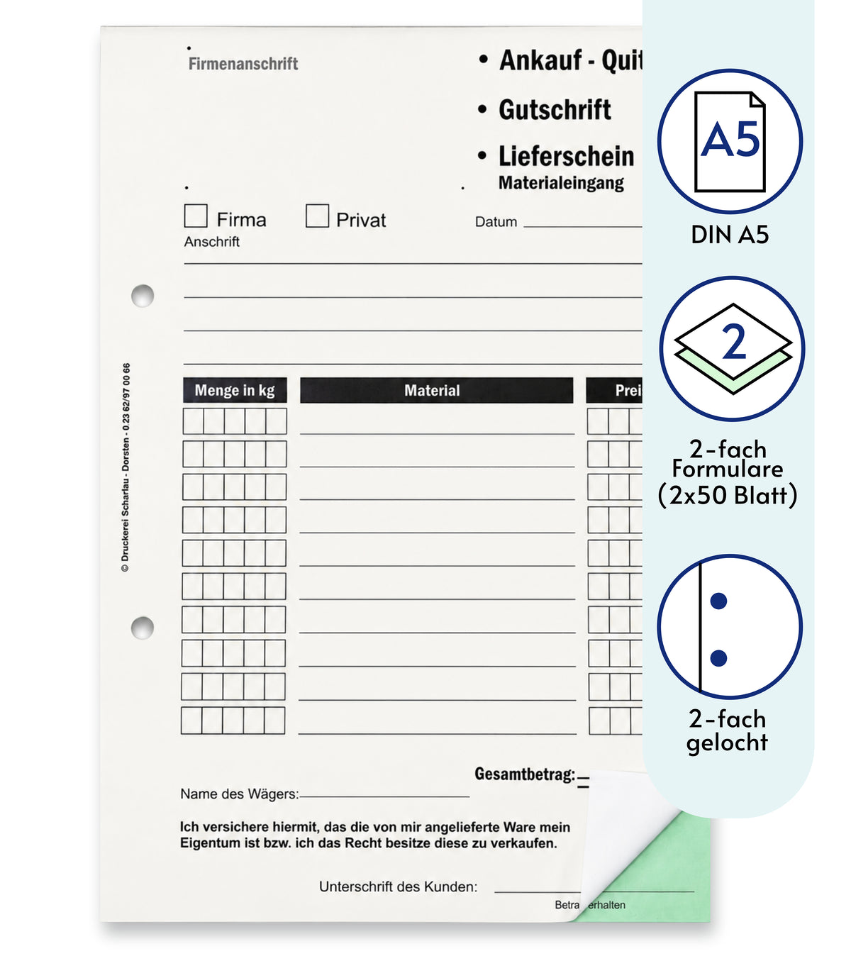Ankaufquittung - Gutschrift - Materialeingang DIN A5, 2-fach selbstdurchschreibend,2x50 Blatt weiß/grün - gelocht (22608)