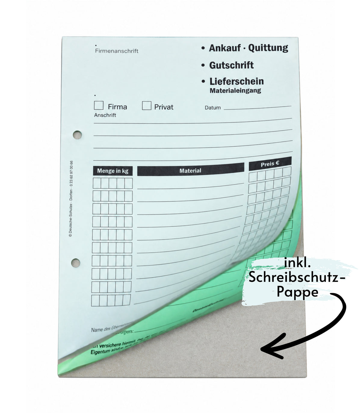 Ankaufquittung - Gutschrift - Materialeingang DIN A5, 2-fach selbstdurchschreibend,2x50 Blatt weiß/grün - gelocht (22608)