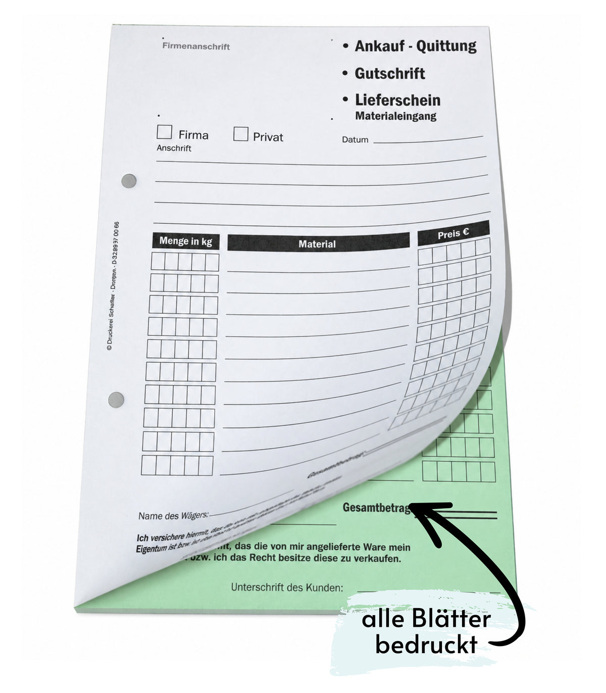 Ankaufquittung - Gutschrift - Materialeingang DIN A5, 2-fach selbstdurchschreibend,2x50 Blatt weiß/grün - gelocht (22608)