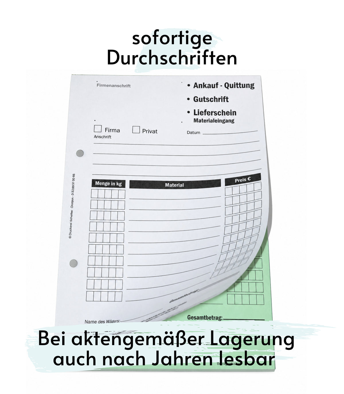 Ankaufquittung - Gutschrift - Materialeingang DIN A5, 2-fach selbstdurchschreibend,2x50 Blatt weiß/grün - gelocht (22608)