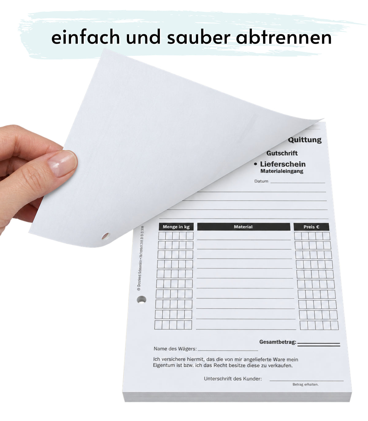 Ankaufquittung - Gutschrift - Materialeingang DIN A5, 1-fach NICHT durchschreibend,100 Blatt weiß Offset 80g/m² - gelocht (22609)