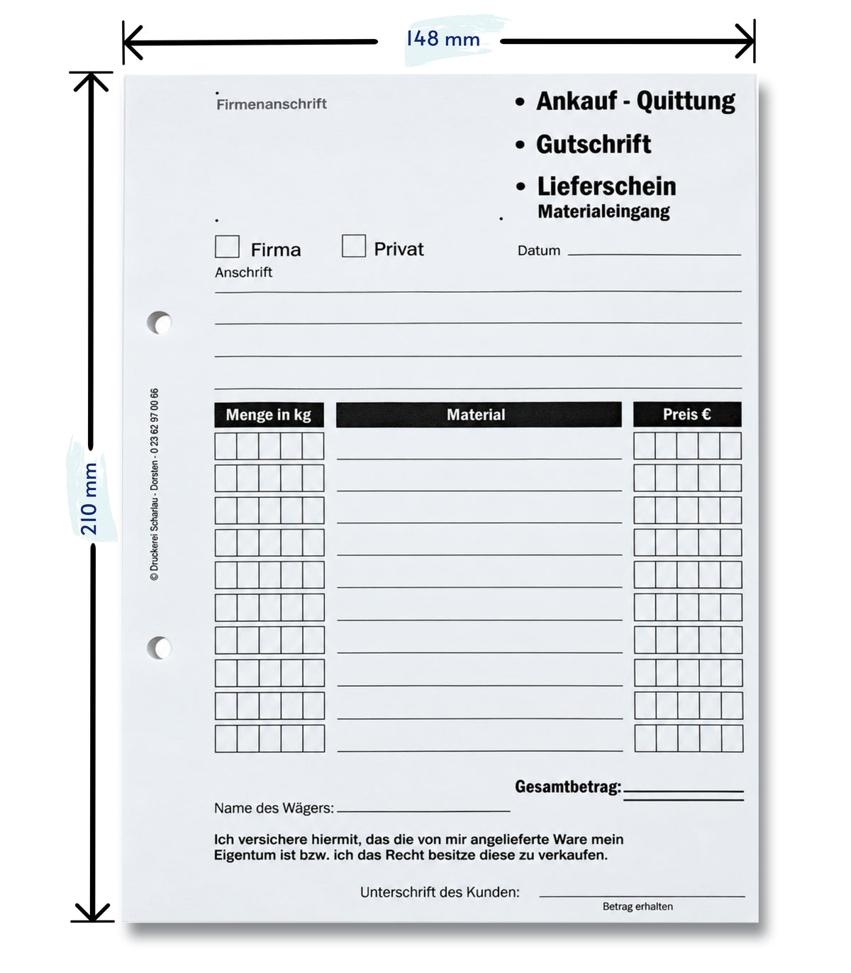 Ankaufquittung - Gutschrift - Materialeingang DIN A5, 1-fach NICHT durchschreibend,100 Blatt weiß Offset 80g/m² - gelocht (22609)