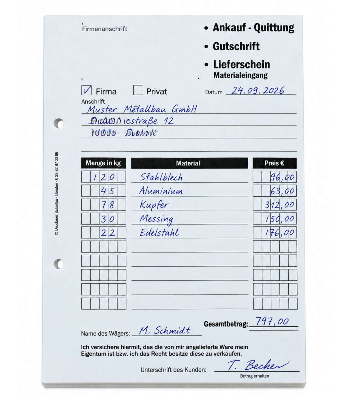 Ankaufquittung - Gutschrift - Materialeingang DIN A5, 1-fach NICHT durchschreibend,100 Blatt weiß Offset 80g/m² - gelocht (22609)