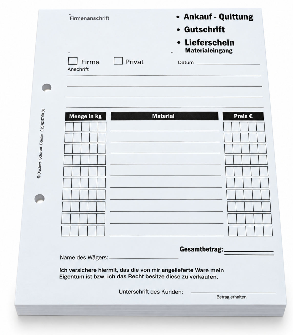 Ankaufquittung - Gutschrift - Materialeingang DIN A5, 1-fach NICHT durchschreibend,100 Blatt weiß Offset 80g/m² - gelocht (22609)