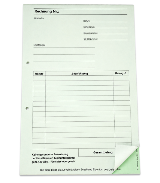 Block Rechnung Kleinunternehmer §19 DIN A4, 2-fach selbstdurchschreibend,2x50 Blatt weiß/grün - gelocht (22635)