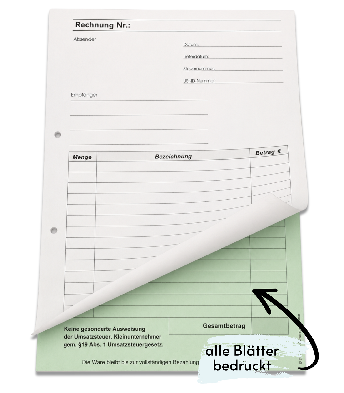 Block Rechnung Kleinunternehmer §19 DIN A4, 2-fach selbstdurchschreibend,2x50 Blatt weiß/grün - gelocht (22635)