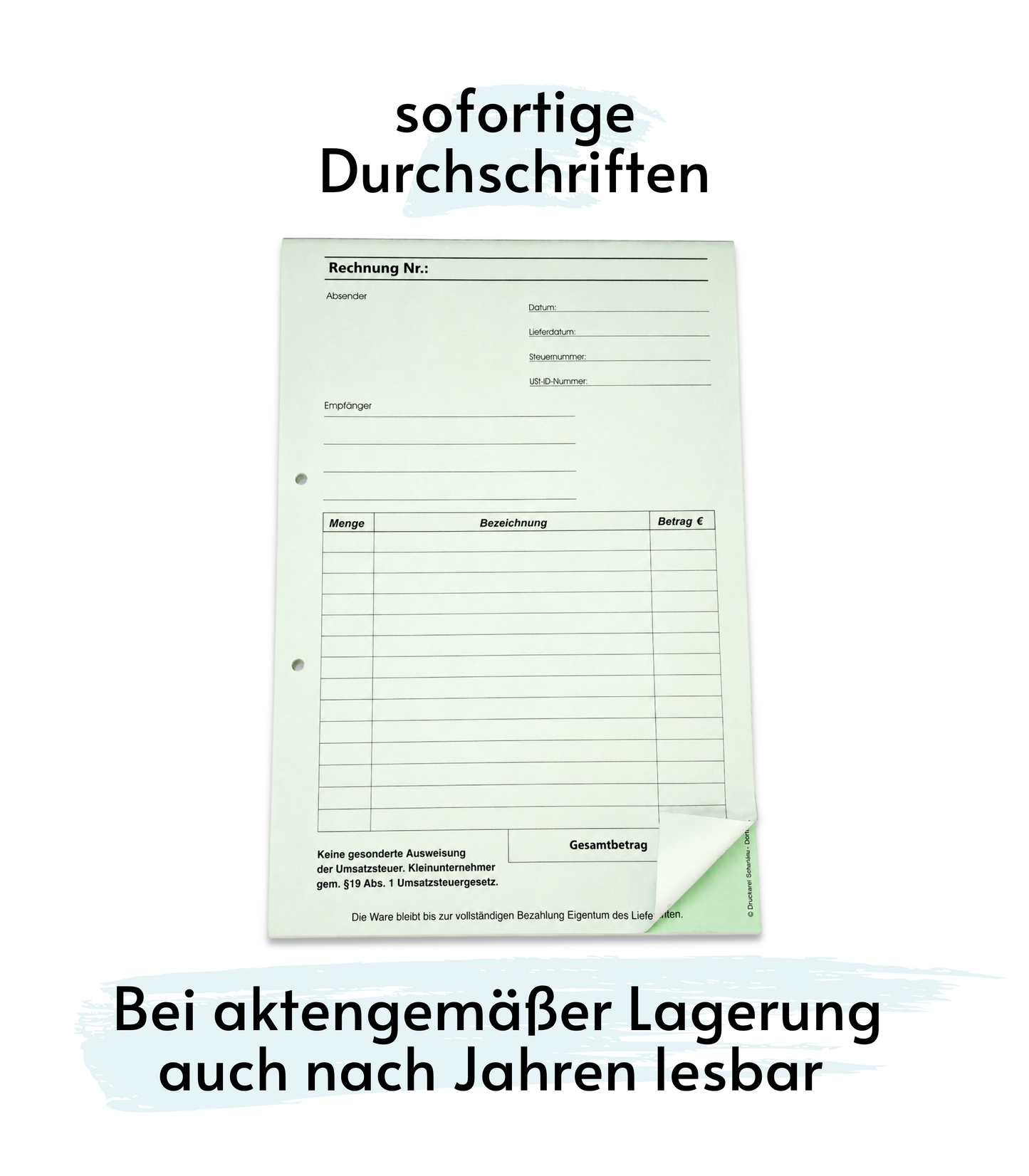 Block Rechnung Kleinunternehmer §19 DIN A4, 2-fach selbstdurchschreibend,2x50 Blatt weiß/grün - gelocht (22635)