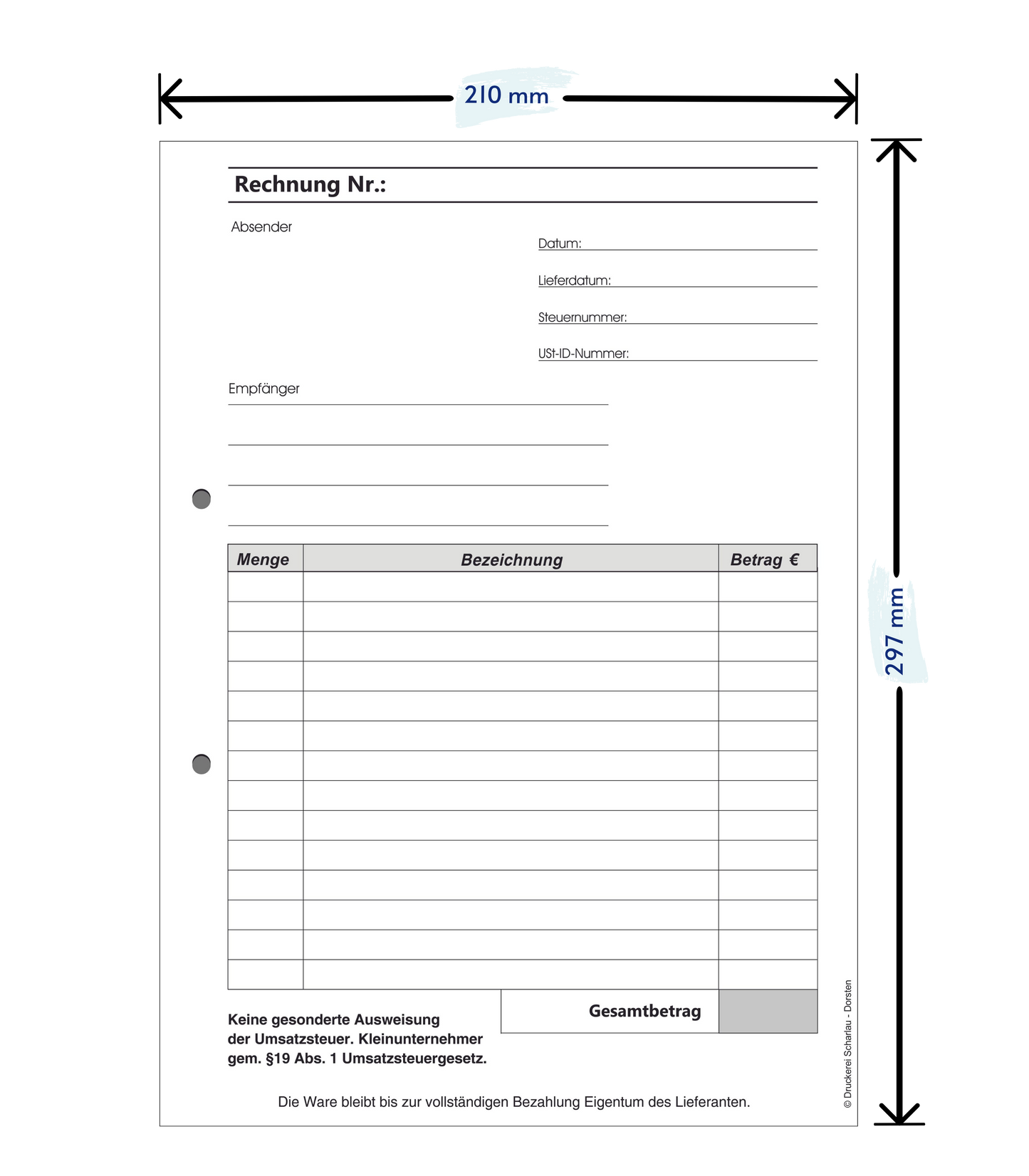 Block Rechnung Kleinunternehmer §19 DIN A4, 2-fach selbstdurchschreibend,2x50 Blatt weiß/grün - gelocht (22635)