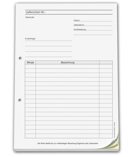 Lieferscheinblock Block Lieferschein DIN A4, 3-fach selbstdurchschreibend, 3x30 Blatt weiß/grün/gelb - gelocht (22651)