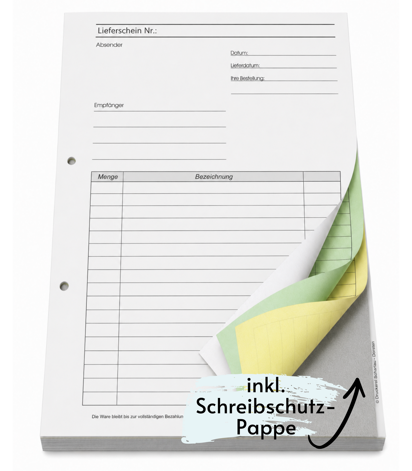 Lieferscheinblock Block Lieferschein DIN A4, 3-fach selbstdurchschreibend, 3x30 Blatt weiß/grün/gelb - gelocht (22651)