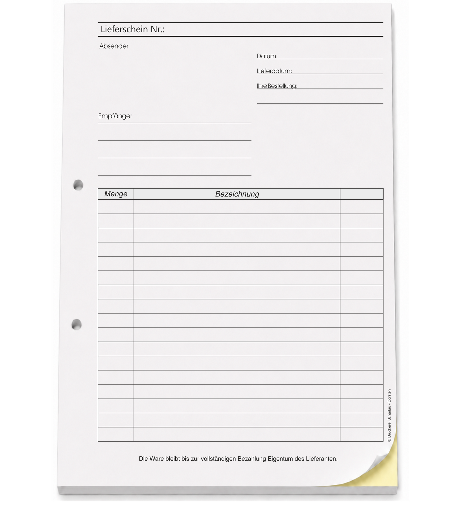 Lieferscheinblock Block Lieferschein DIN A4, 2-fach selbstdurchschreibend,2x50 Blatt weiß/gelb - gelocht (22652)