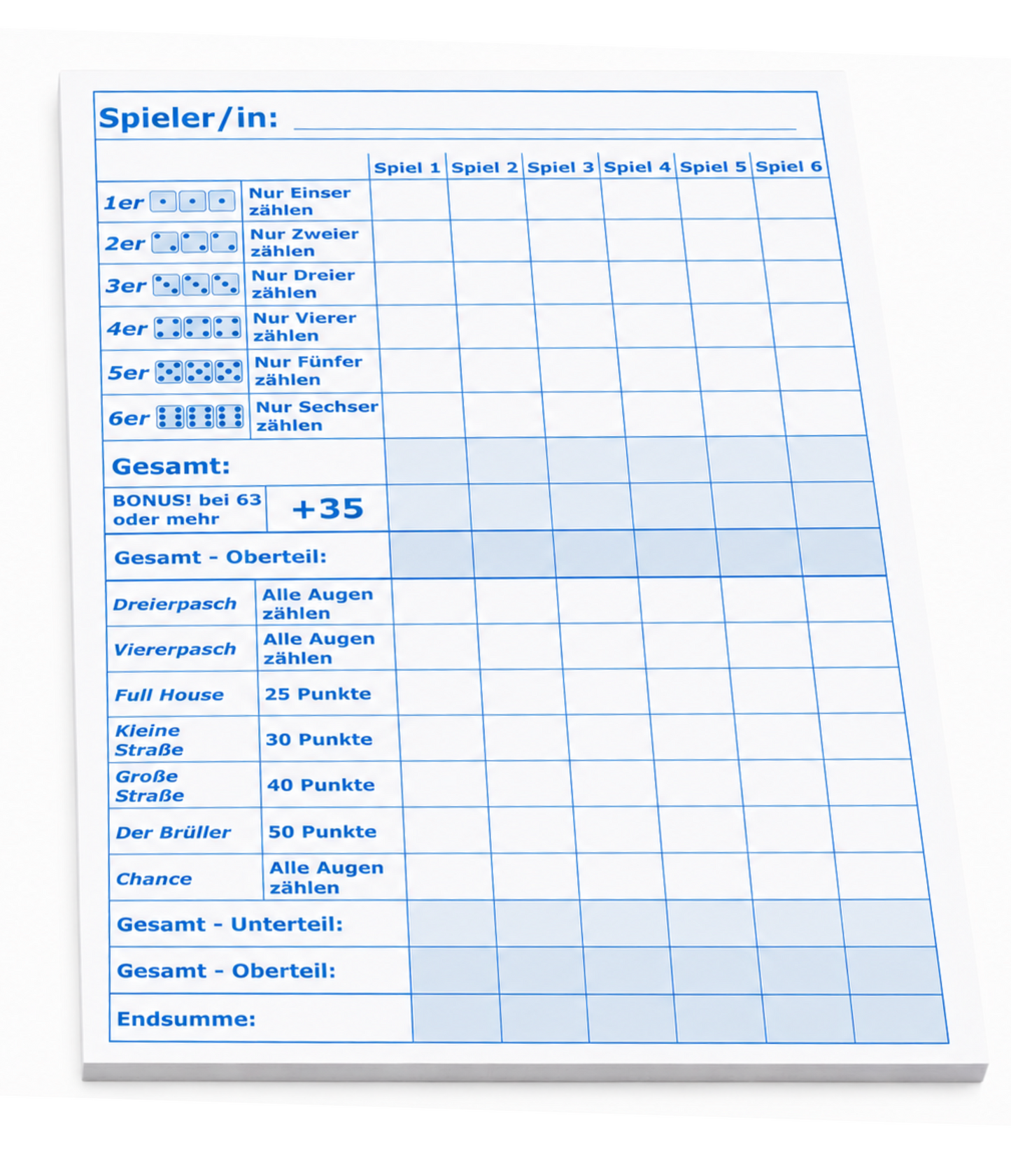 Block für Würfelspiel, Yahtzee, Yatzy  und andere, DIN A5 - 50 Blatt, Druck in Blau , 50 Blatt, Qualitäts-Offset-Papier 80g/m² (22671)