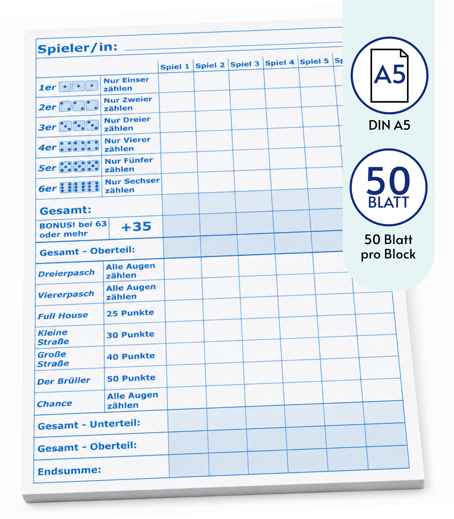 Block für Würfelspiel, Yahtzee, Yatzy  und andere, DIN A5 - 50 Blatt, Druck in Blau , 50 Blatt, Qualitäts-Offset-Papier 80g/m² (22671)