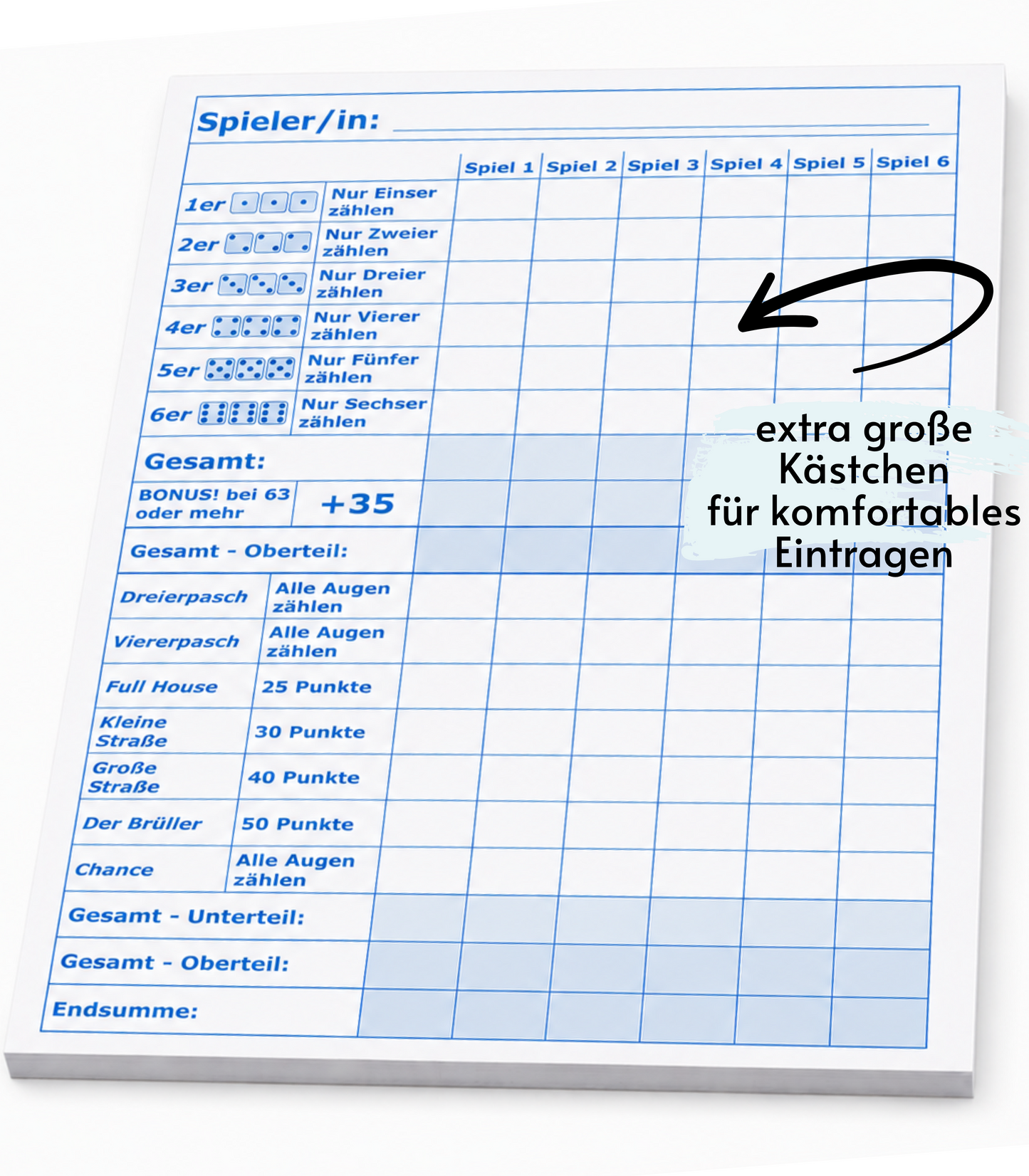 Block für Würfelspiel, Yahtzee, Yatzy  und andere, DIN A5 - 50 Blatt, Druck in Blau , 50 Blatt, Qualitäts-Offset-Papier 80g/m² (22671)