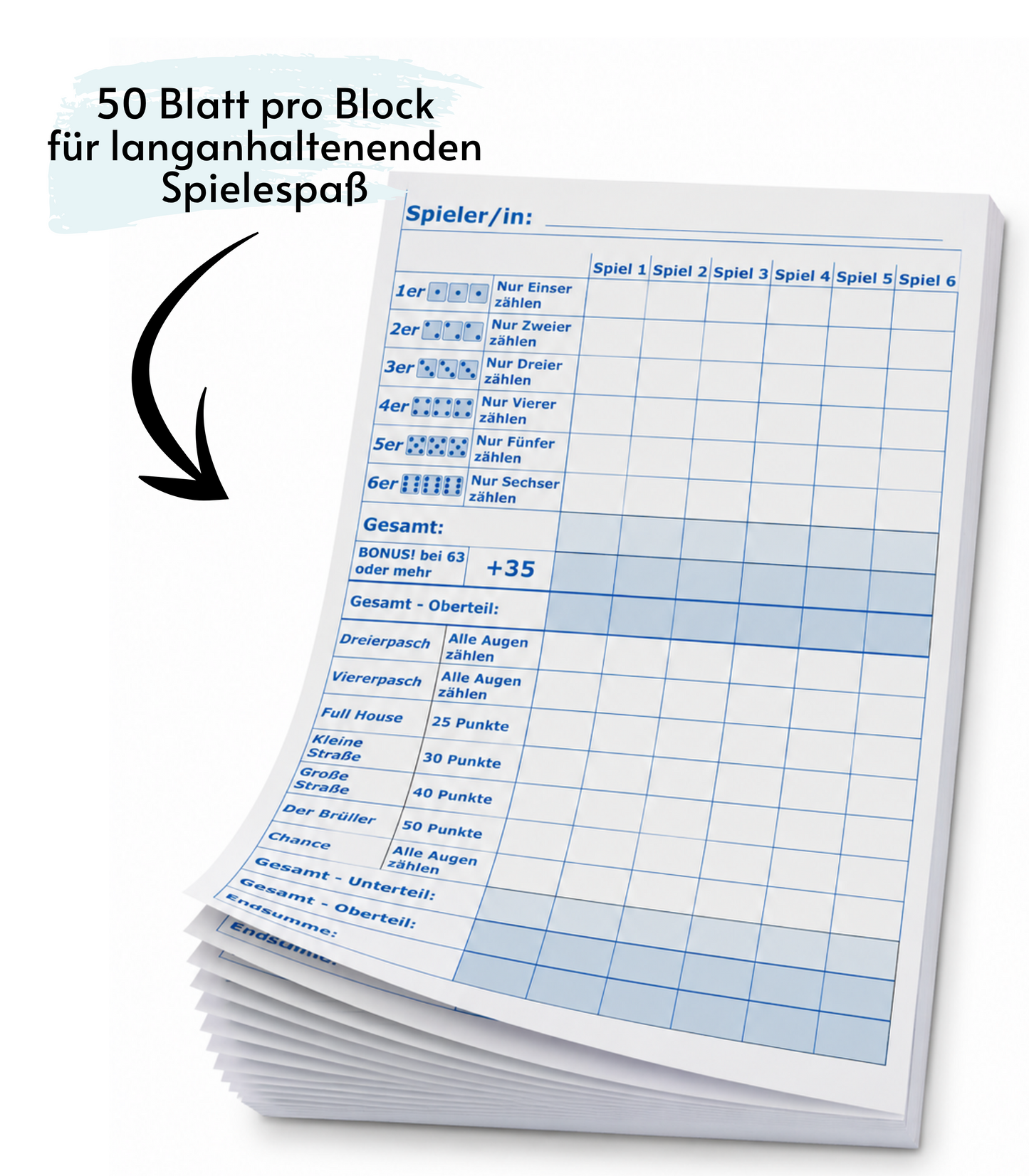 Block für Würfelspiel, Yahtzee, Yatzy  und andere, DIN A5 - 50 Blatt, Druck in Blau , 50 Blatt, Qualitäts-Offset-Papier 80g/m² (22671)