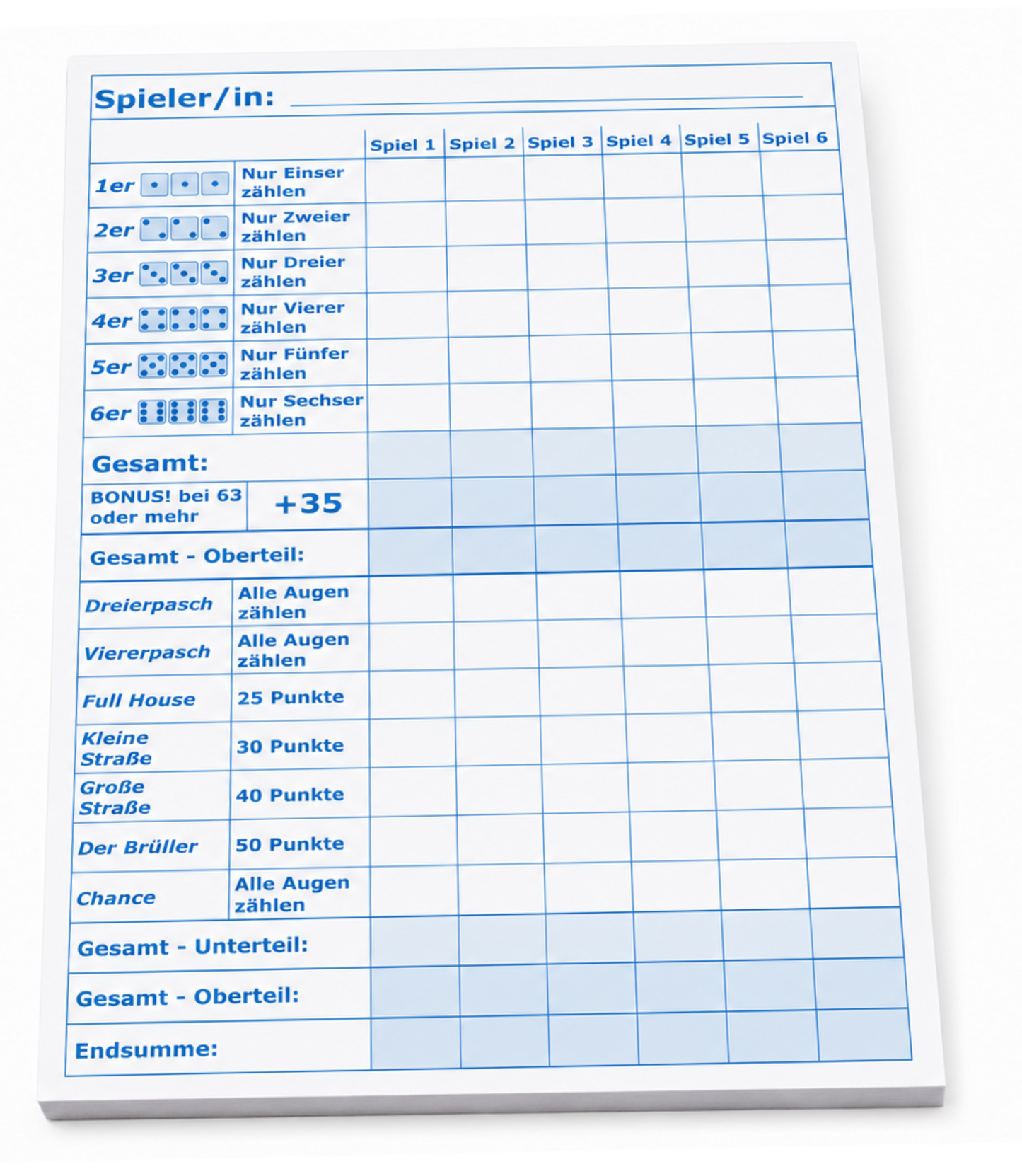 Block für Würfelspiel, Yahtzee, Yatzy  und andere, DIN A5 - 50 Blatt, Druck in Blau , 50 Blatt, Qualitäts-Offset-Papier 80g/m² (22671)