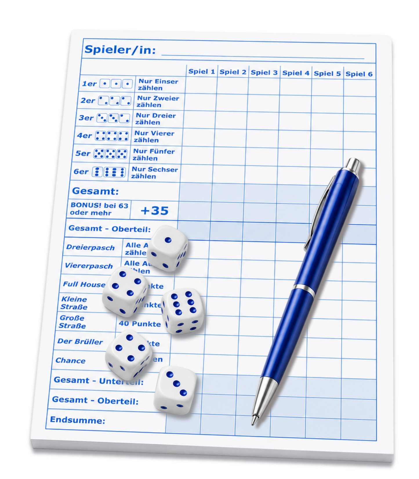 Block für Würfelspiel, Yahtzee, Yatzy  und andere, DIN A5 - 50 Blatt, Druck in Blau , 50 Blatt, Qualitäts-Offset-Papier 80g/m² (22671)