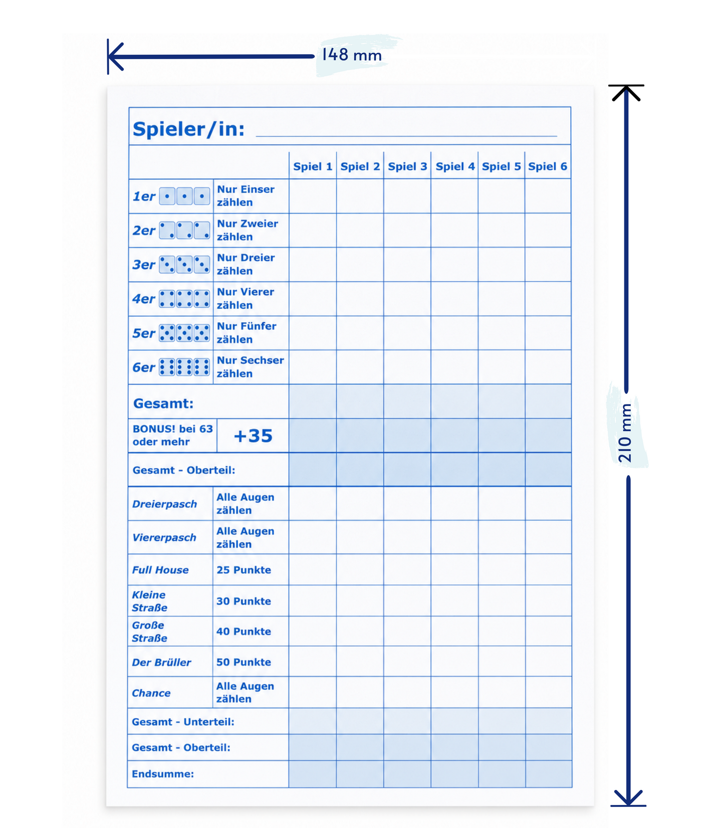 Block für Würfelspiel, Yahtzee, Yatzy  und andere, DIN A5 - 50 Blatt, Druck in Blau , 50 Blatt, Qualitäts-Offset-Papier 80g/m² (22671)