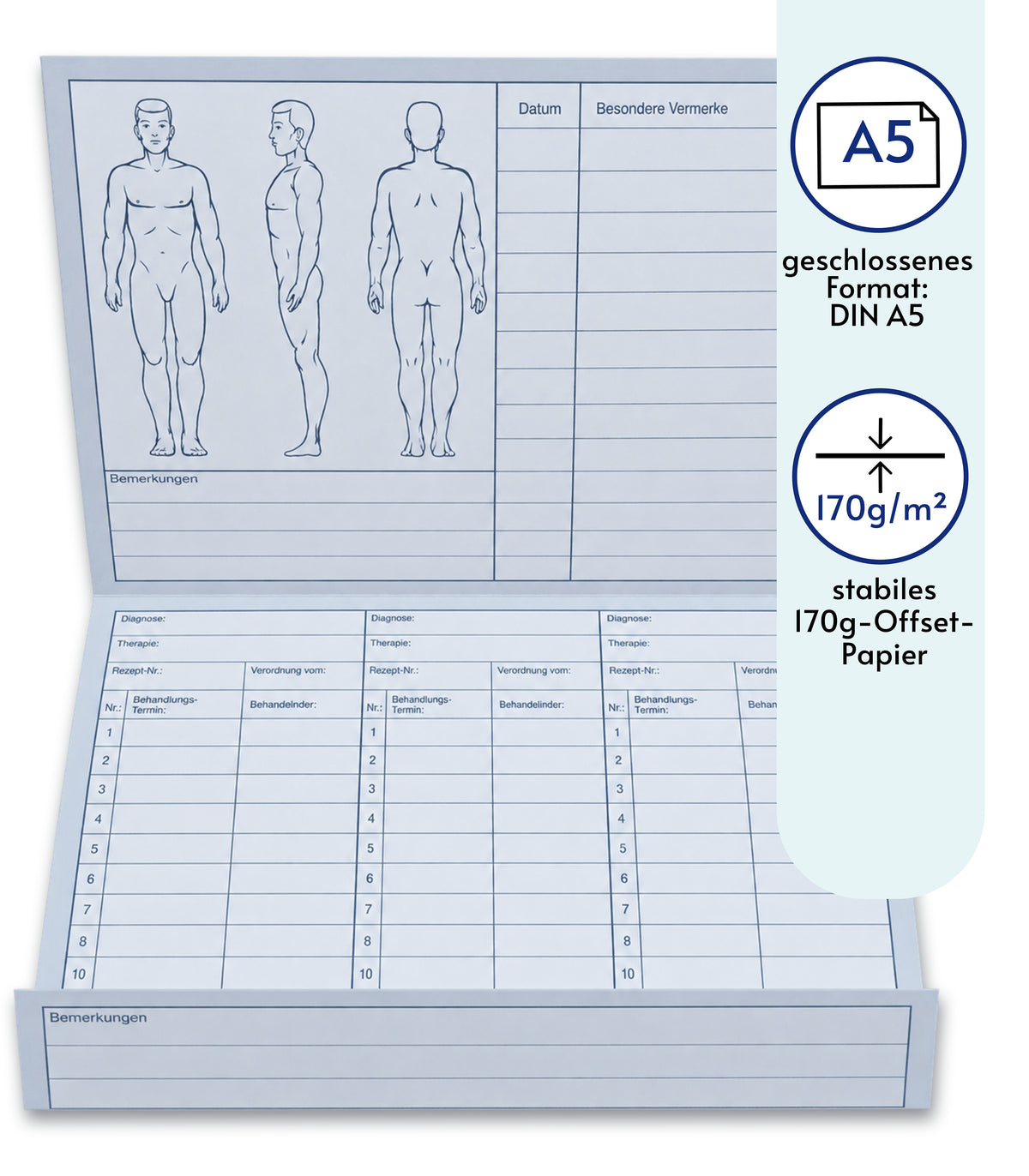 Patientenkarteikarten in Blau - geschlossen DIN A5 für Krankengymnastik/Physiotherapie/Ärzte (22698)