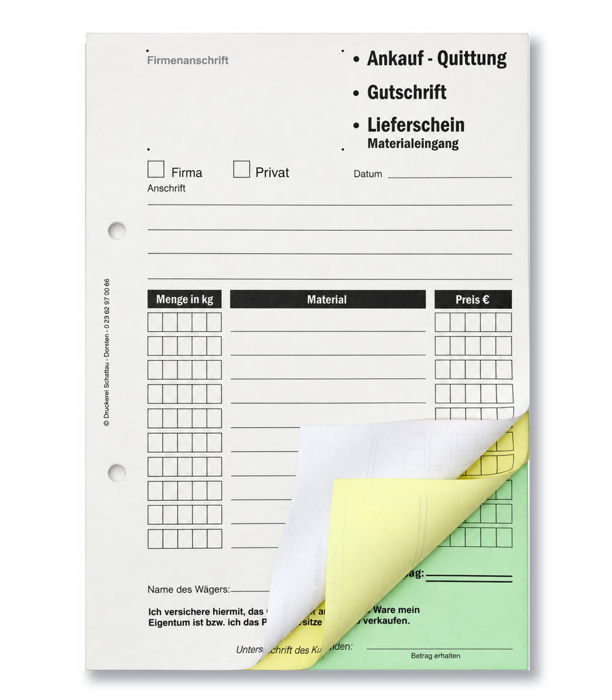 Ankaufquittung - Gutschrift - Materialeingang DIN A5, 3-fach selbstdurchschreibend,3x30 Blatt weiß/gelb/grün - gelocht (22736)