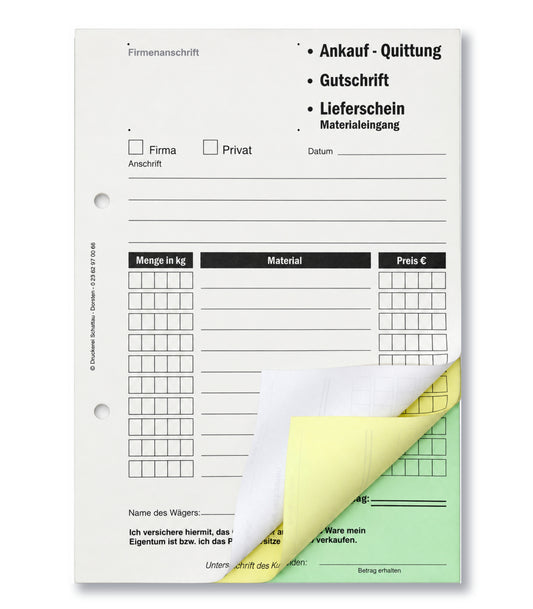 Ankaufquittung - Gutschrift - Materialeingang DIN A5, 3-fach selbstdurchschreibend,3x30 Blatt weiß/gelb/grün - gelocht (22736)