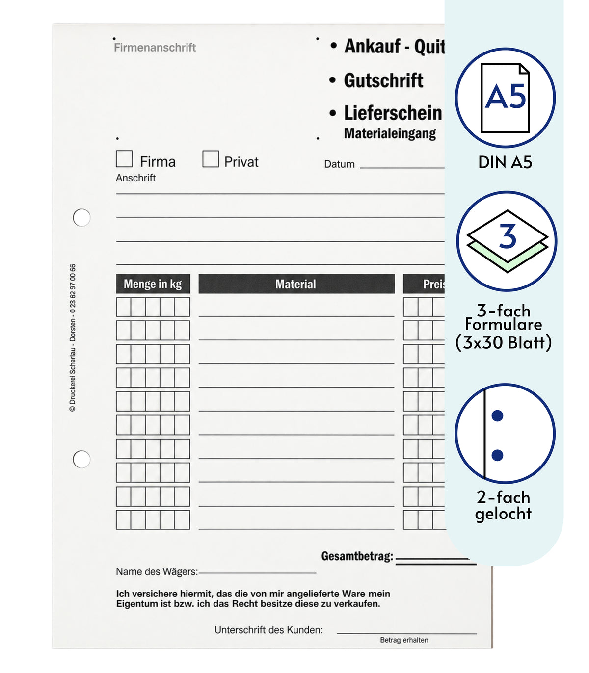 Ankaufquittung - Gutschrift - Materialeingang DIN A5, 3-fach selbstdurchschreibend,3x30 Blatt weiß/gelb/grün - gelocht (22736)