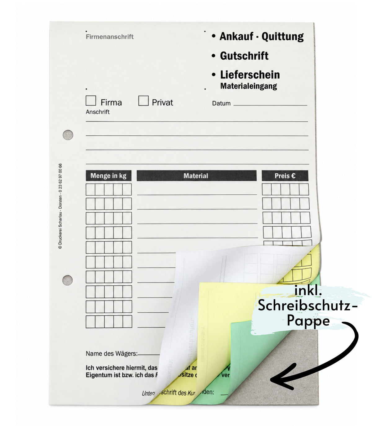 Ankaufquittung - Gutschrift - Materialeingang DIN A5, 3-fach selbstdurchschreibend,3x30 Blatt weiß/gelb/grün - gelocht (22736)