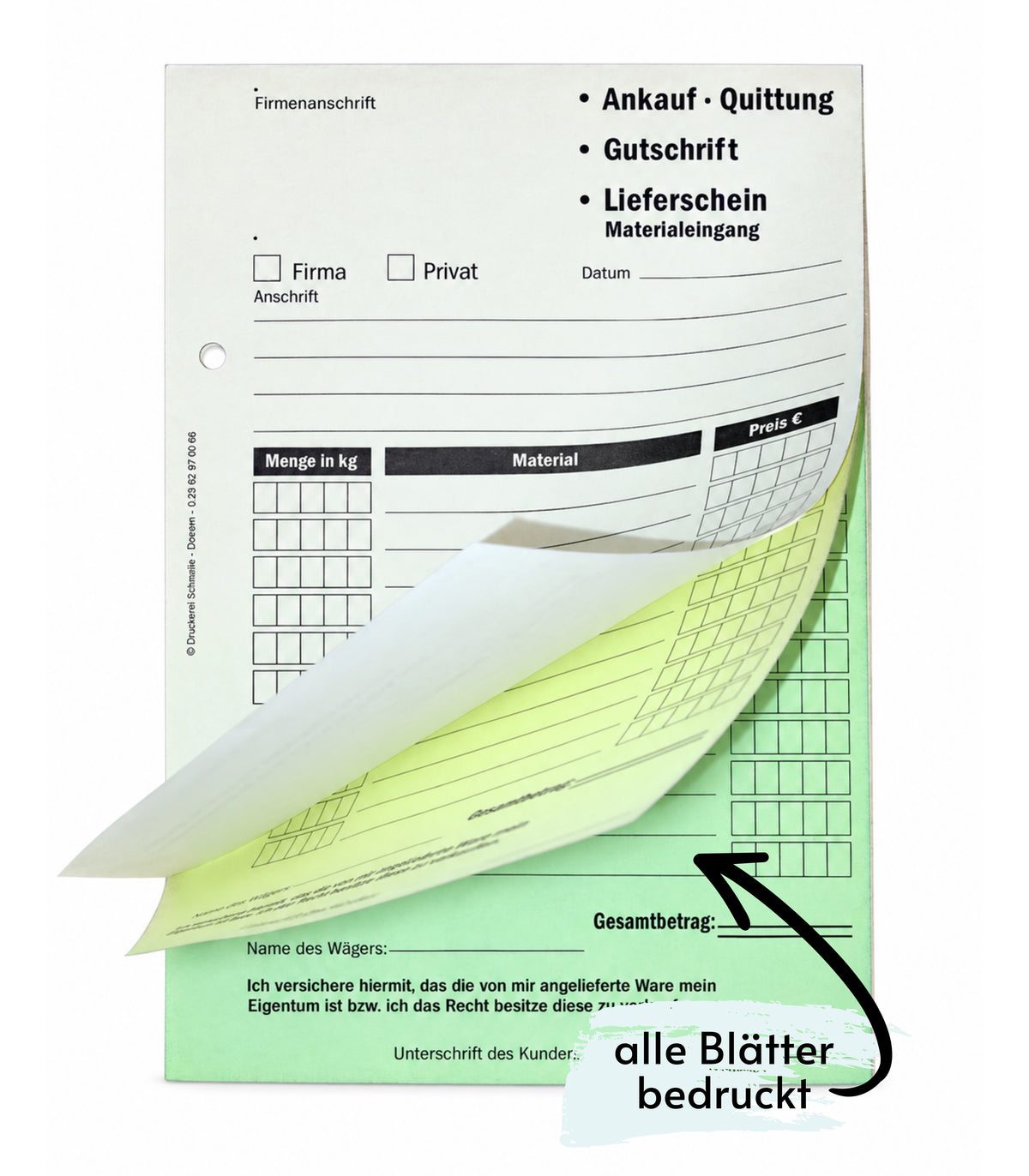 Ankaufquittung - Gutschrift - Materialeingang DIN A5, 3-fach selbstdurchschreibend,3x30 Blatt weiß/gelb/grün - gelocht (22736)