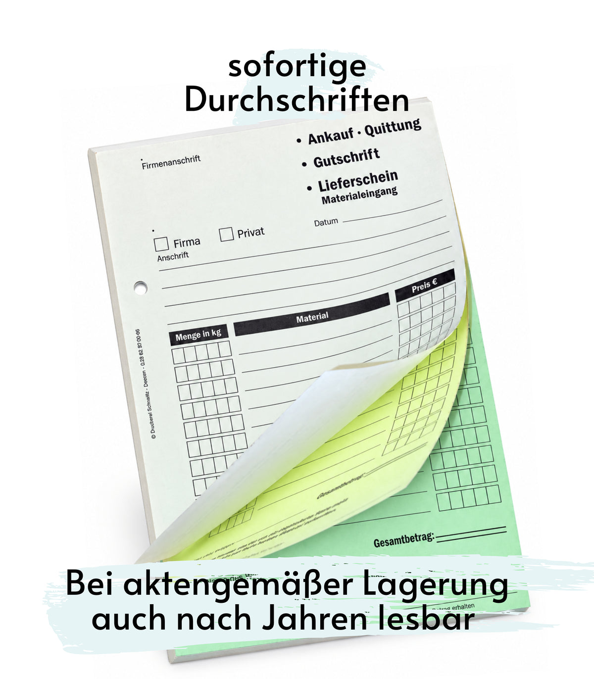 Ankaufquittung - Gutschrift - Materialeingang DIN A5, 3-fach selbstdurchschreibend,3x30 Blatt weiß/gelb/grün - gelocht (22736)