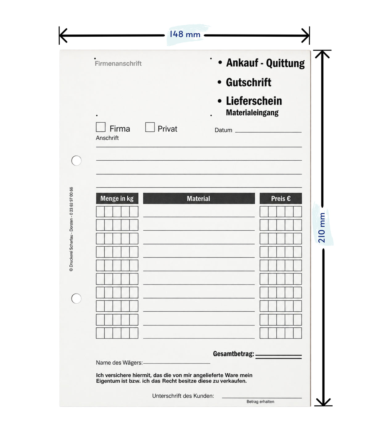Ankaufquittung - Gutschrift - Materialeingang DIN A5, 3-fach selbstdurchschreibend,3x30 Blatt weiß/gelb/grün - gelocht (22736)