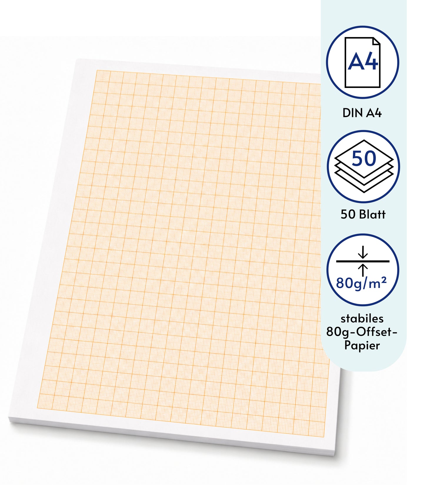 Millimeterpapier, Millimeterpapierblock, Aufmassblock, DIN A4, 80 g/m2, 50 Blatt, 1 mm Raster, orange, mit Anschriftenfeld