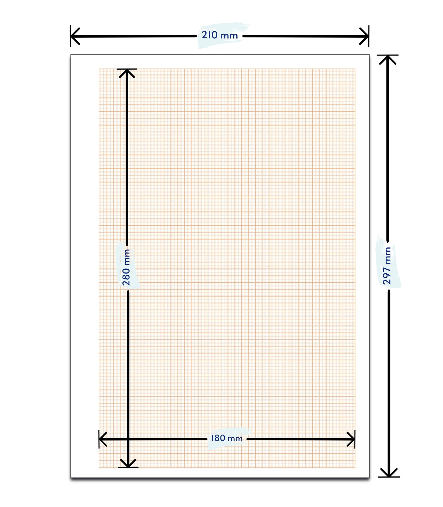 Millimeterpapier, Millimeterpapierblock, Aufmassblock, DIN A4, 80 g/m2, 50 Blatt, 1 mm Raster, orange, mit Anschriftenfeld