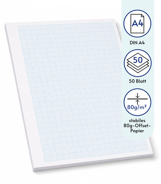 Block Millimeterpapier, Block mit Raster, Aufmassblock, DIN A4, 80 g/m2, 50 Blatt, 1 mm Raster, blau, mit Anschriftenfeld