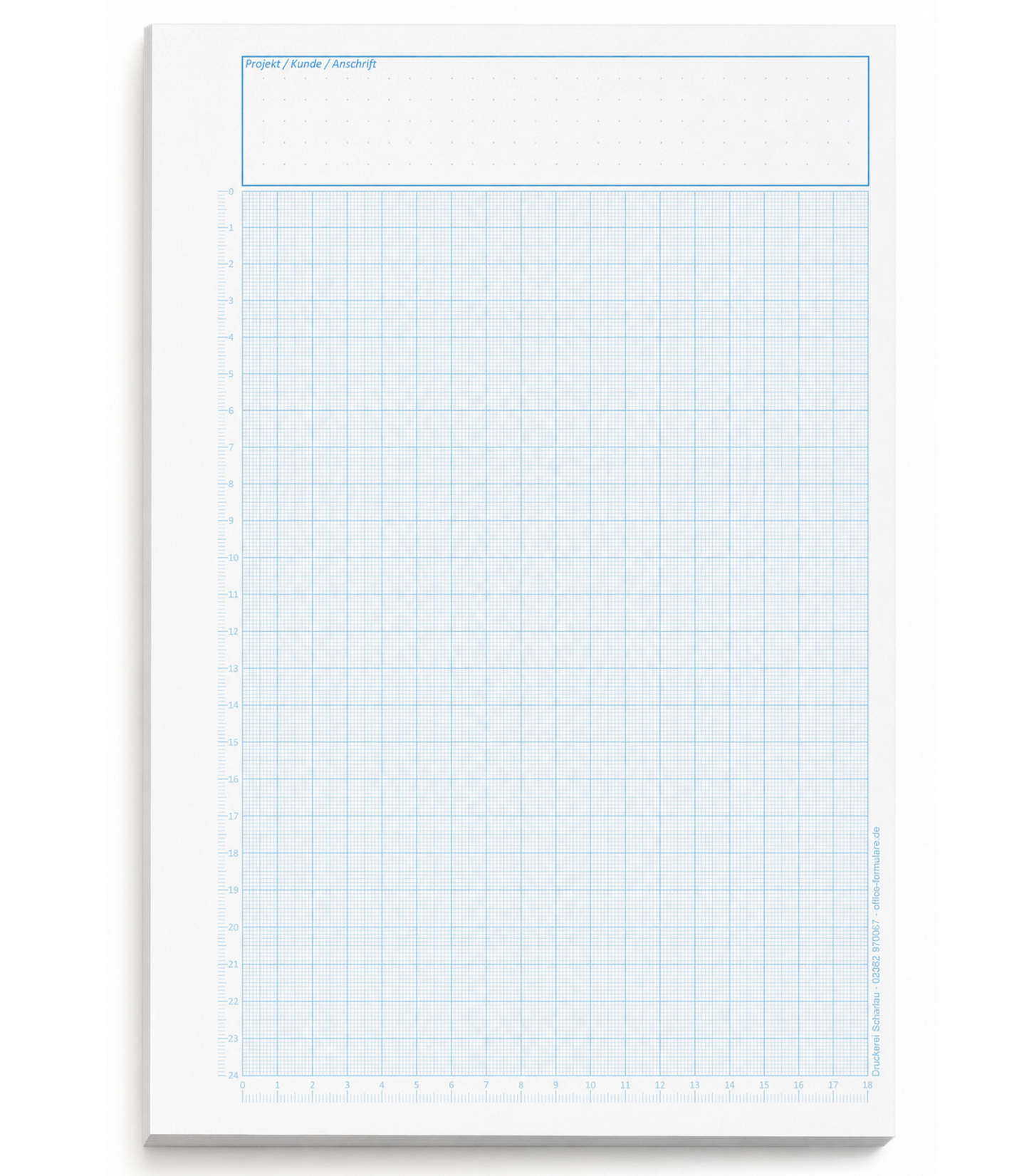 Block Millimeterpapier, DIN A4, 80 g/m2, 50 Blatt, 1 mm Raster mit Lineal links und unten, blau (23749)