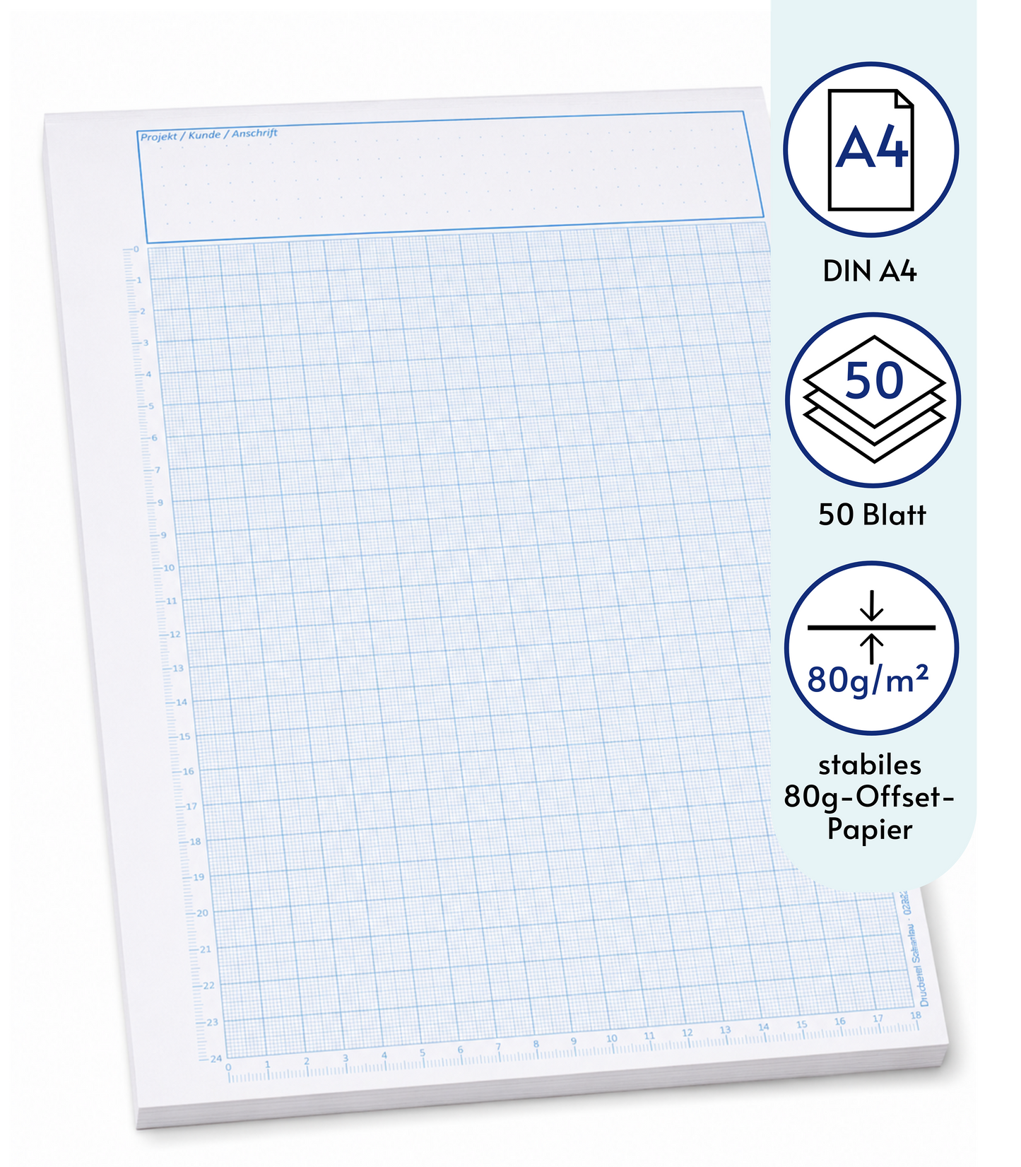 Block Millimeterpapier, DIN A4, 80 g/m2, 50 Blatt, 1 mm Raster mit Lineal links und unten, blau (23749)