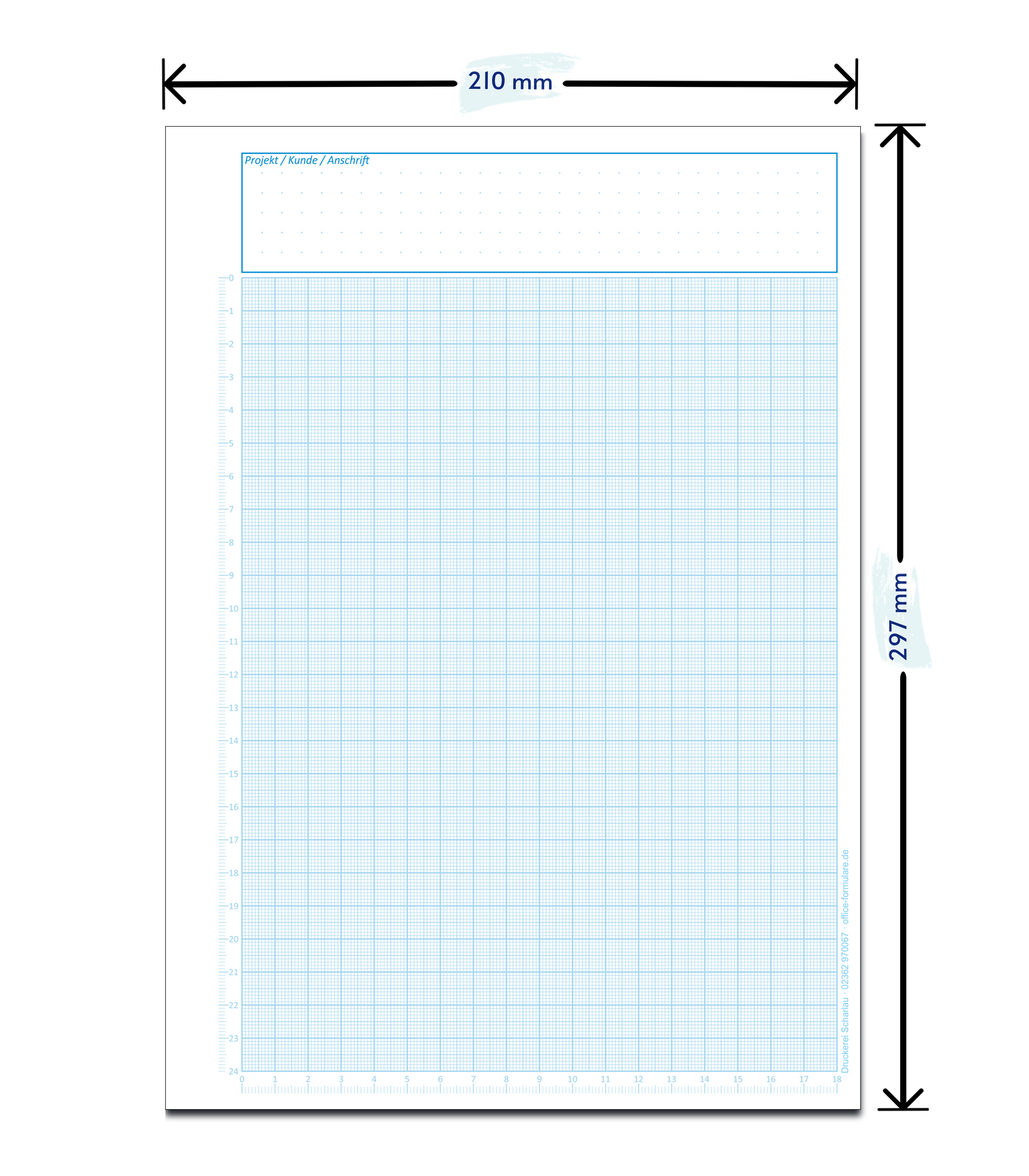 Block Millimeterpapier, DIN A4, 80 g/m2, 50 Blatt, 1 mm Raster mit Lineal links und unten, blau (23749)