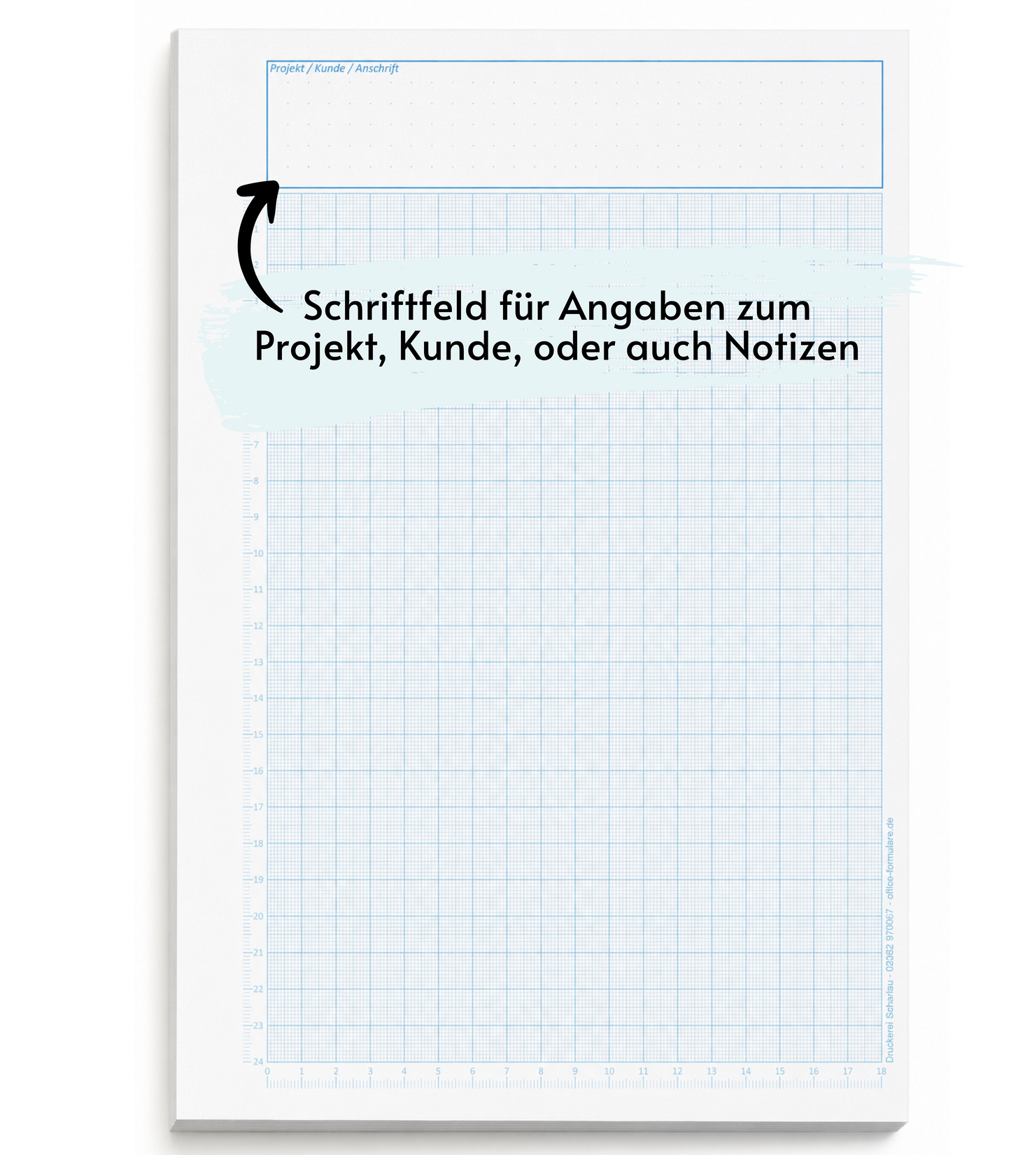 Block Millimeterpapier, DIN A4, 80 g/m2, 50 Blatt, 1 mm Raster mit Lineal links und unten, blau (23749)