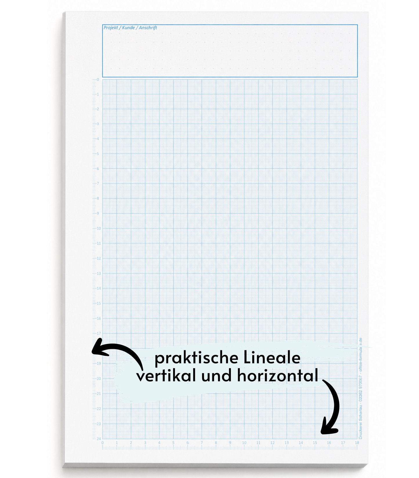 Block Millimeterpapier, DIN A4, 80 g/m2, 50 Blatt, 1 mm Raster mit Lineal links und unten, blau (23749)