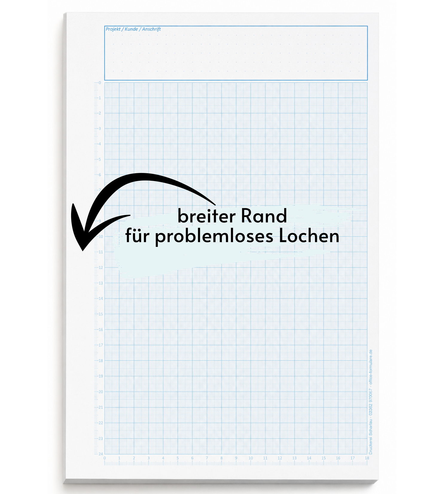 Block Millimeterpapier, DIN A4, 80 g/m2, 50 Blatt, 1 mm Raster mit Lineal links und unten, blau (23749)