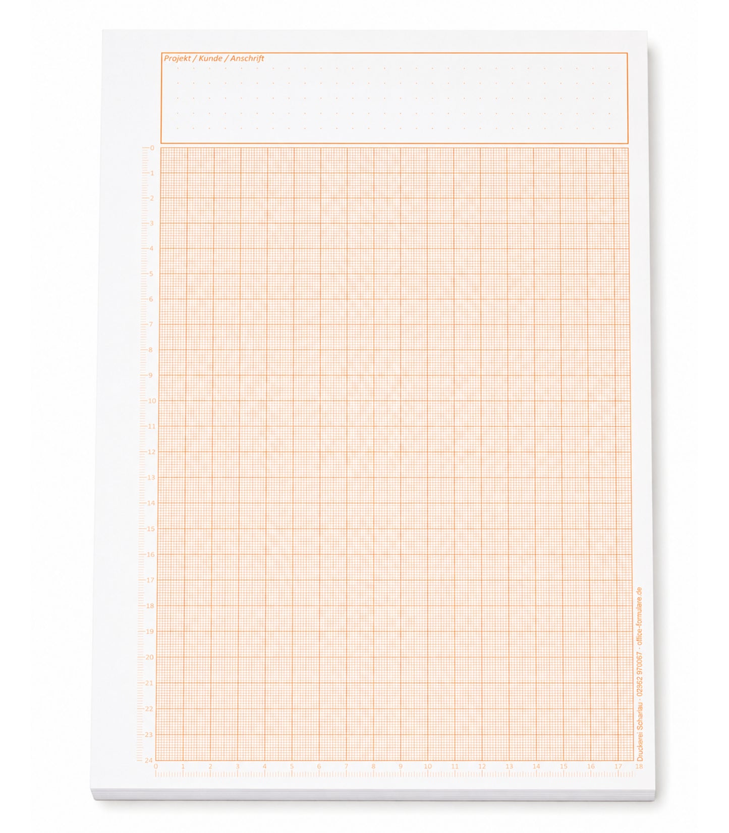 Millimeterpapier, Aufmassblock, DIN A4, 80 g/m2, 50 Blatt, 1 mm Raster, orange mit Lineal(23750)
