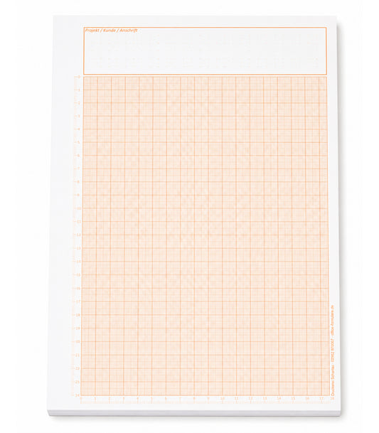 Millimeterpapier, Aufmassblock, DIN A4, 80 g/m2, 50 Blatt, 1 mm Raster, orange mit Lineal(23750)