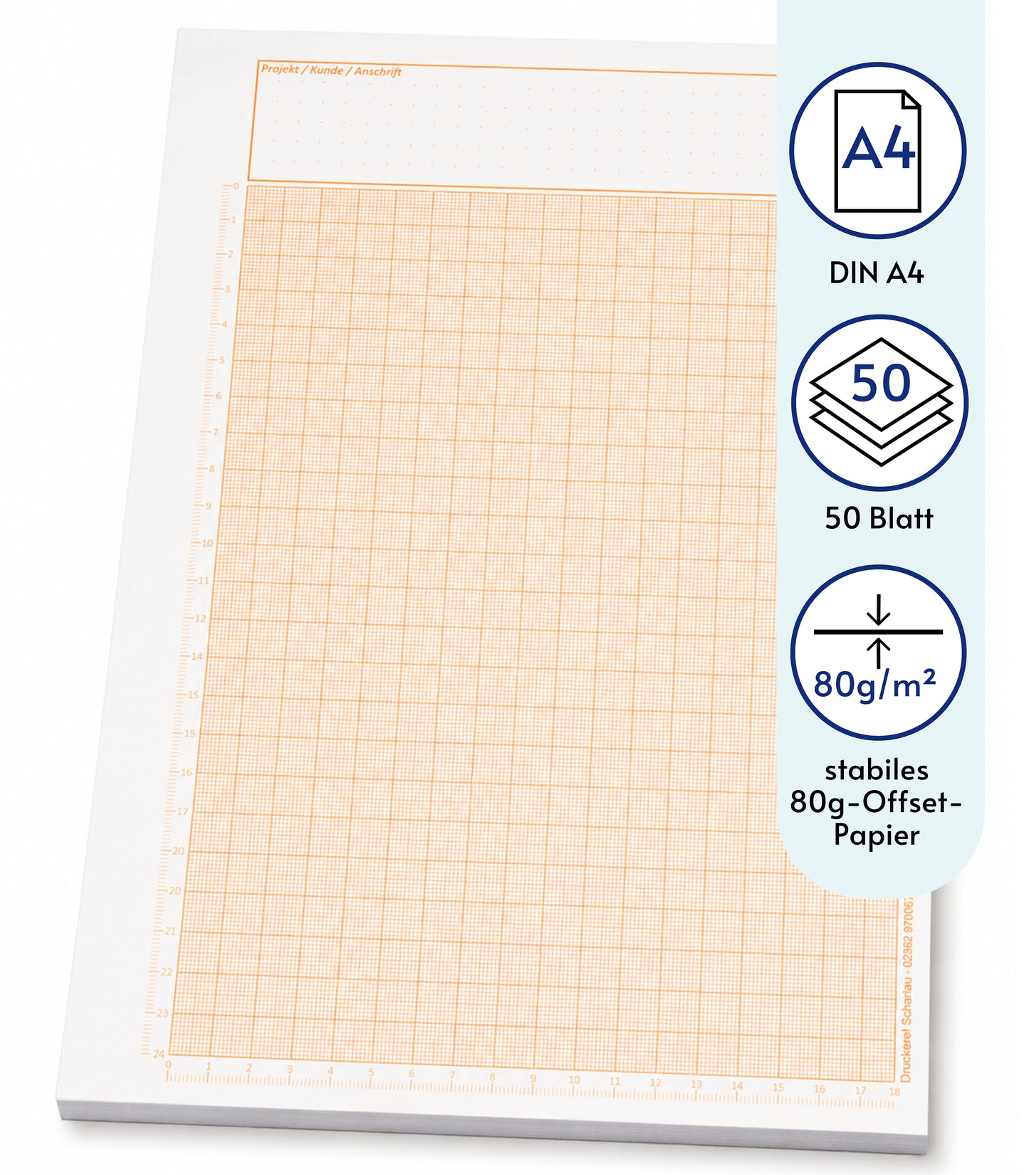 Millimeterpapier, Aufmassblock, DIN A4, 80 g/m2, 50 Blatt, 1 mm Raster, orange mit Lineal(23750)