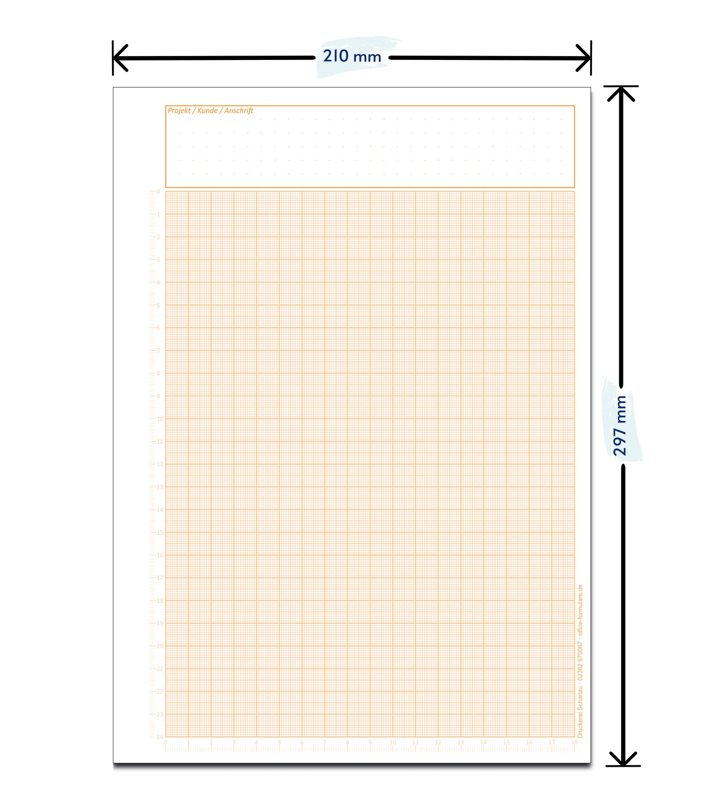 Millimeterpapier, Aufmassblock, DIN A4, 80 g/m2, 50 Blatt, 1 mm Raster, orange mit Lineal(23750)