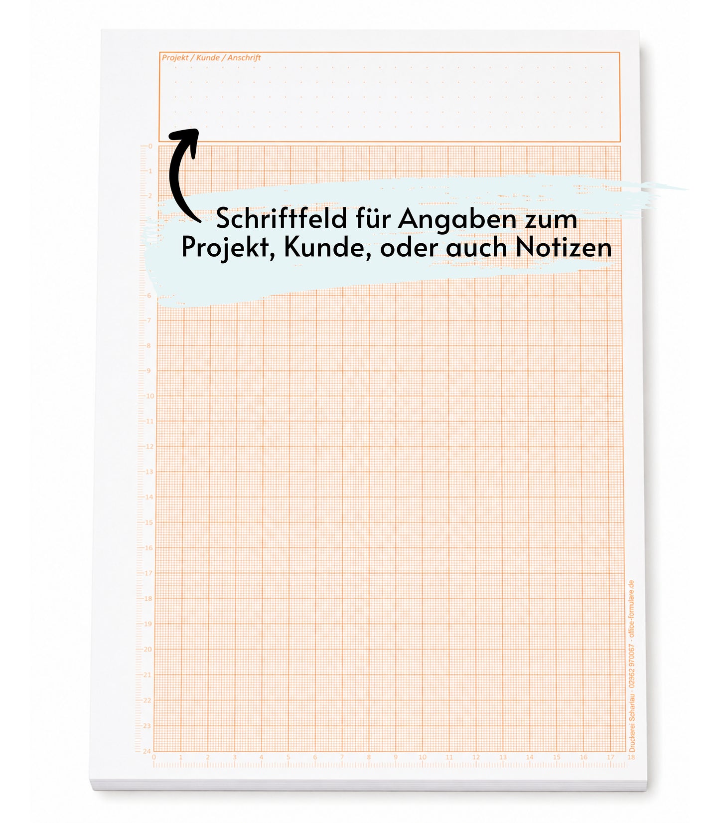 Millimeterpapier, Aufmassblock, DIN A4, 80 g/m2, 50 Blatt, 1 mm Raster, orange mit Lineal(23750)