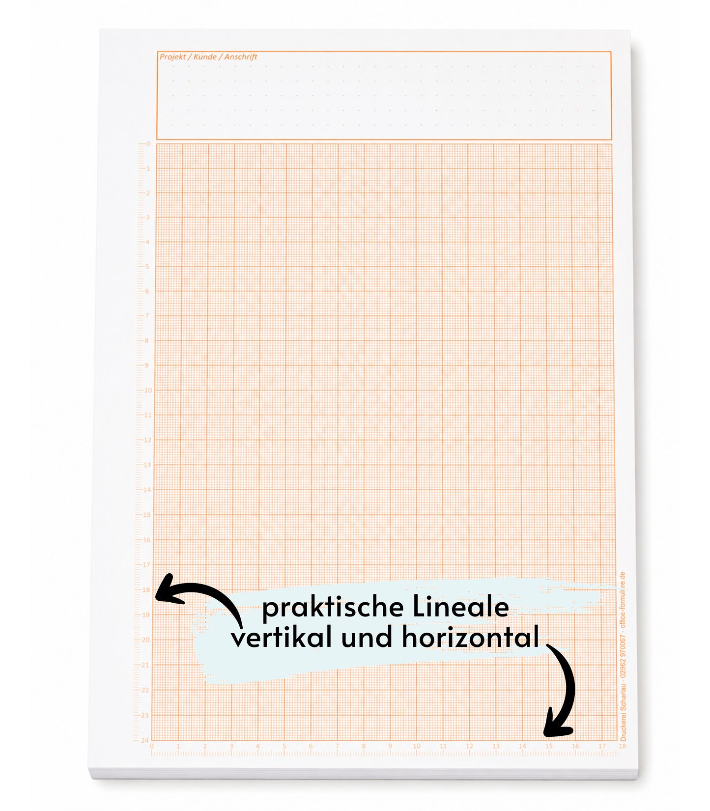 Millimeterpapier, Aufmassblock, DIN A4, 80 g/m2, 50 Blatt, 1 mm Raster, orange mit Lineal(23750)