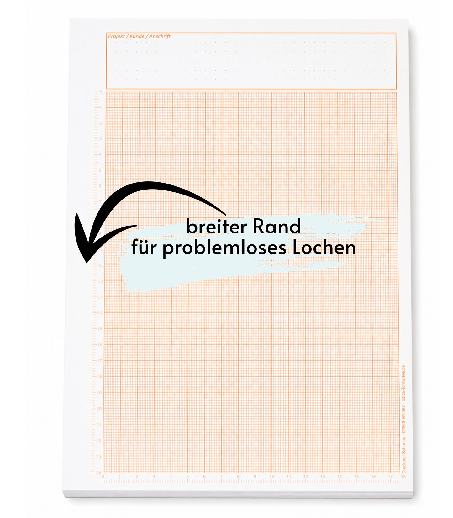 Millimeterpapier, Aufmassblock, DIN A4, 80 g/m2, 50 Blatt, 1 mm Raster, orange mit Lineal(23750)